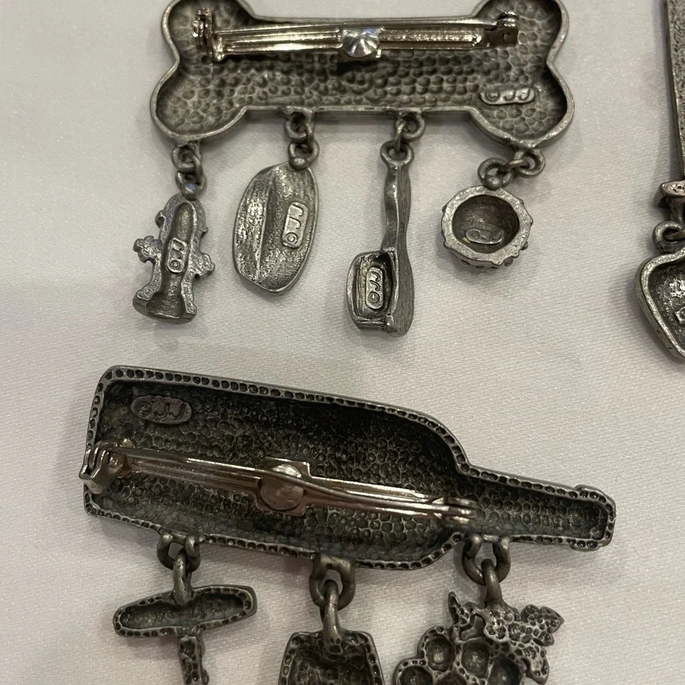 Lot of 4 Vintage JJ Jonette Pewter Pins Angel, Wine Bottle, Dog Bone, Math Board